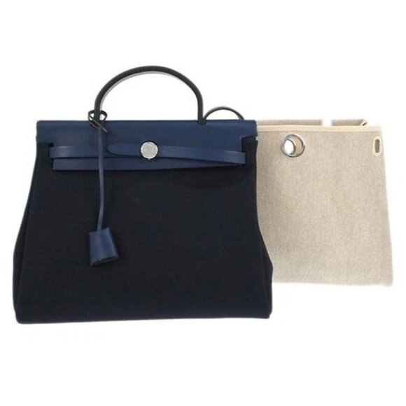 HERMES Handbags - Hermes Beige Navy Toile H Officier Herbag PM 2 in 1 Handbag C□F 117854